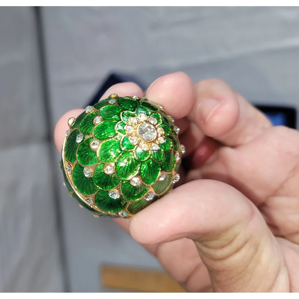 Emerald Green Fabergé Style Jeweled Egg Trinket Box Gold Tone & Rhinestones 2